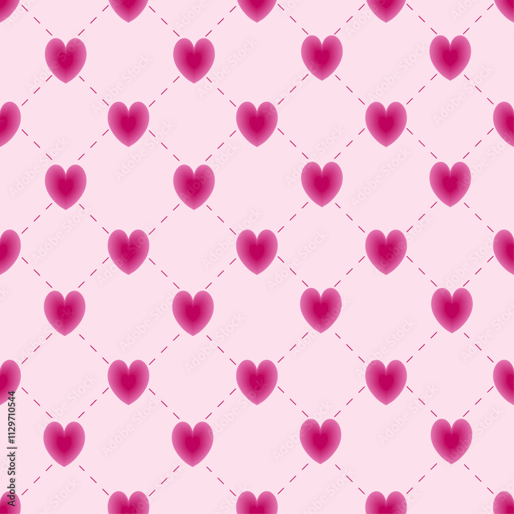Seamless pattern of pink hearts on a Light pink background with a stencil pattern resembling threads sewn onto the leather. A romantic and decorative design.