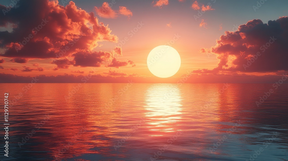 A beautiful sunset over the ocean with a large sun in the sky A beautiful sunset over the ocean with a large sun in the sky