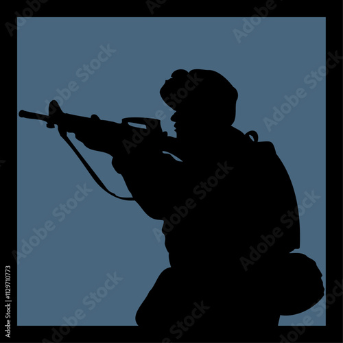 An infantry soldier in silhouette on an infantry blue background with a black frame