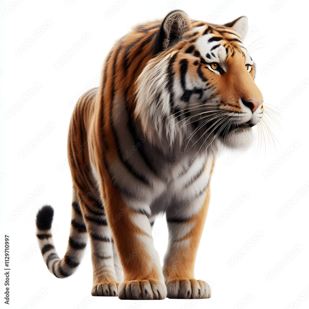 Obraz premium Tiger isolated on a white background, Side view, tiger standing full HD image generated by Ai. full body, realistic, full detail looking at the camera.