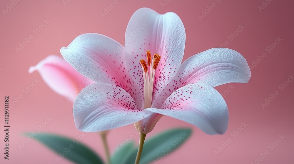 A single pink flower with white spots is the main focus of the image A single pink flower with white spots is the main focus of the image