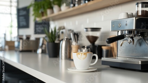 Modern coffee setup with espresso machine and latte art.