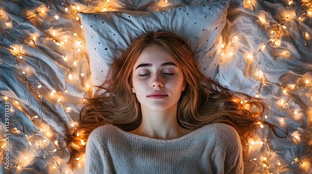 Peaceful young woman sleeping soundly surrounded by fairy lights on a cozy bed. Peaceful young woman sleeping soundly surrounded by fairy lights on a cozy bed.