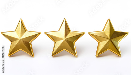 Three golden stars on a white background. 3D illustration