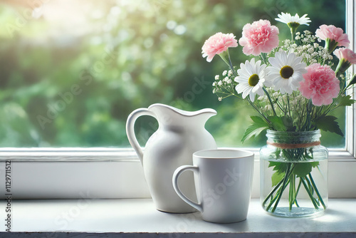 Wallpaper Mural Bouquet of pink and white flowers in ceramic jug on windowsill with pitcher and cup. Bright green leafy background through window. Springtime decor concept for interior and design Torontodigital.ca