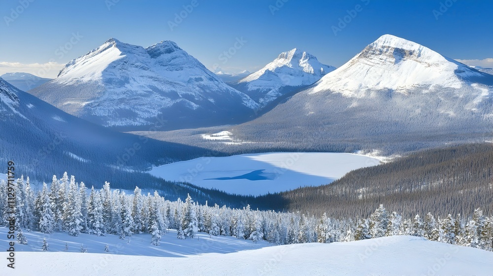 Scenic winter landscape of snow-capped mountains and frozen lake. Perfect for travel, nature, and winter-themed projects. Scenic winter landscape of snow-capped mountains and frozen lake. Perfect for travel, nature, and winter-themed projects.