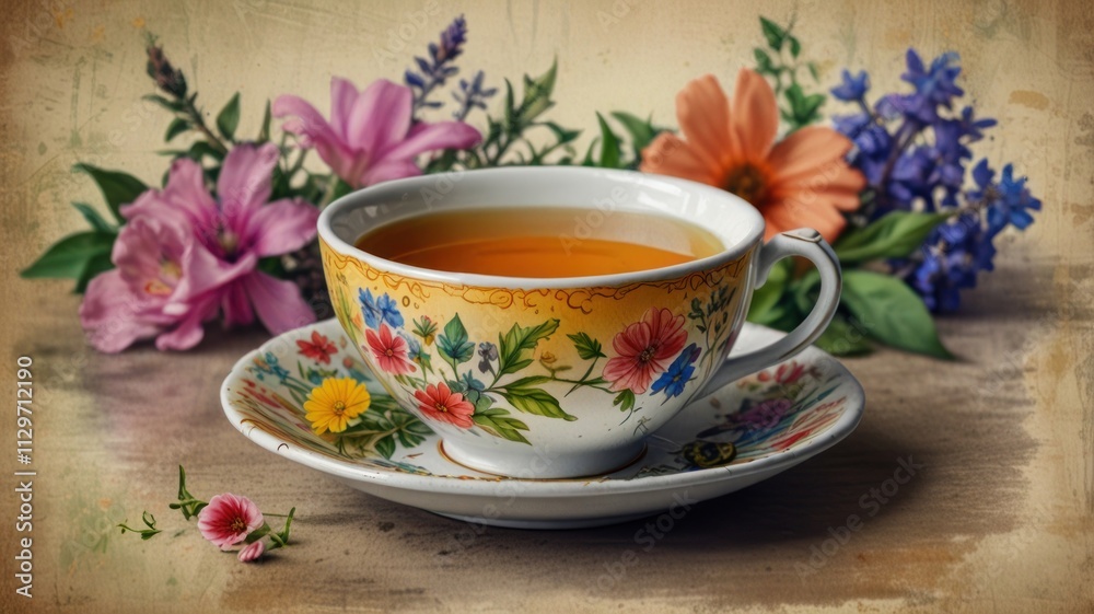 A floral teacup filled with tea sits on a saucer among flowers A floral teacup filled with tea sits on a saucer among flowers