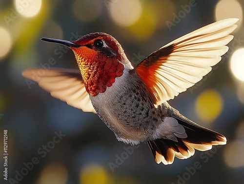 A Rufous Hummingbird in Flight Displays Vibrant Colors photo