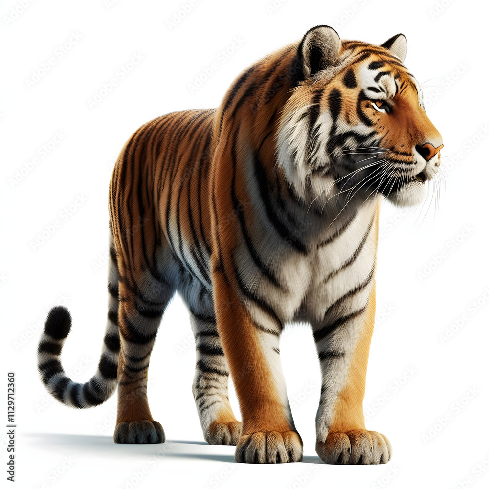 Fototapeta premium Tiger isolated on a white background, Side view, tiger standing full HD image generated by Ai. full body, realistic, full detail looking at the camera.