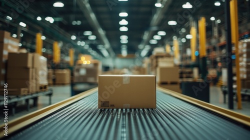 Cardboard Box on Conveyor Belt in Warehouse