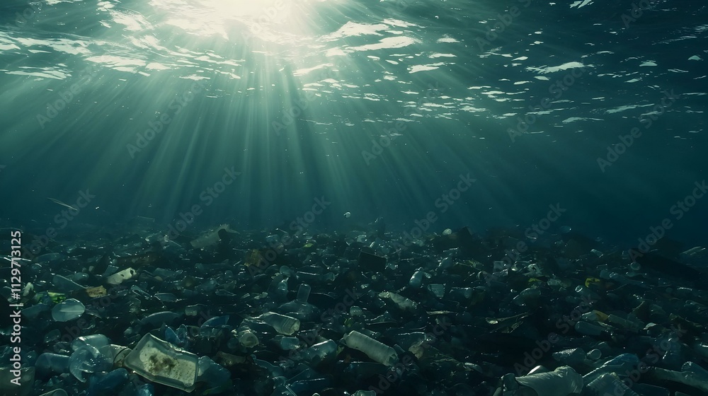 Sunbeams illuminate an ocean floor littered with plastic waste.  A powerful image depicting ocean pollution.