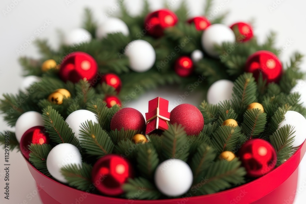 Festive Christmas Wreath with Ornaments and Gift Box Festive Christmas Wreath with Ornaments and Gift Box
