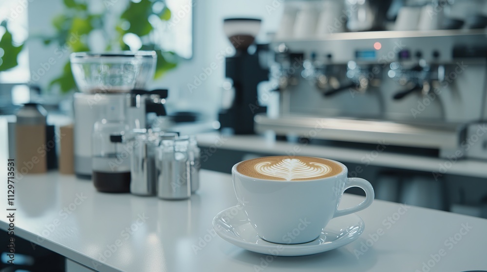 A coffee cup on a counter with an espresso machine in the background. A coffee cup on a counter with an espresso machine in the background.