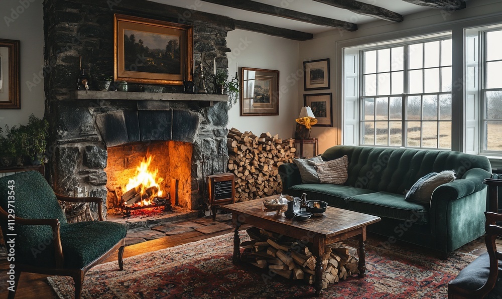 Cozy living room with fireplace, stone walls, and velvet sofa. Cozy living room with fireplace, stone walls, and velvet sofa.