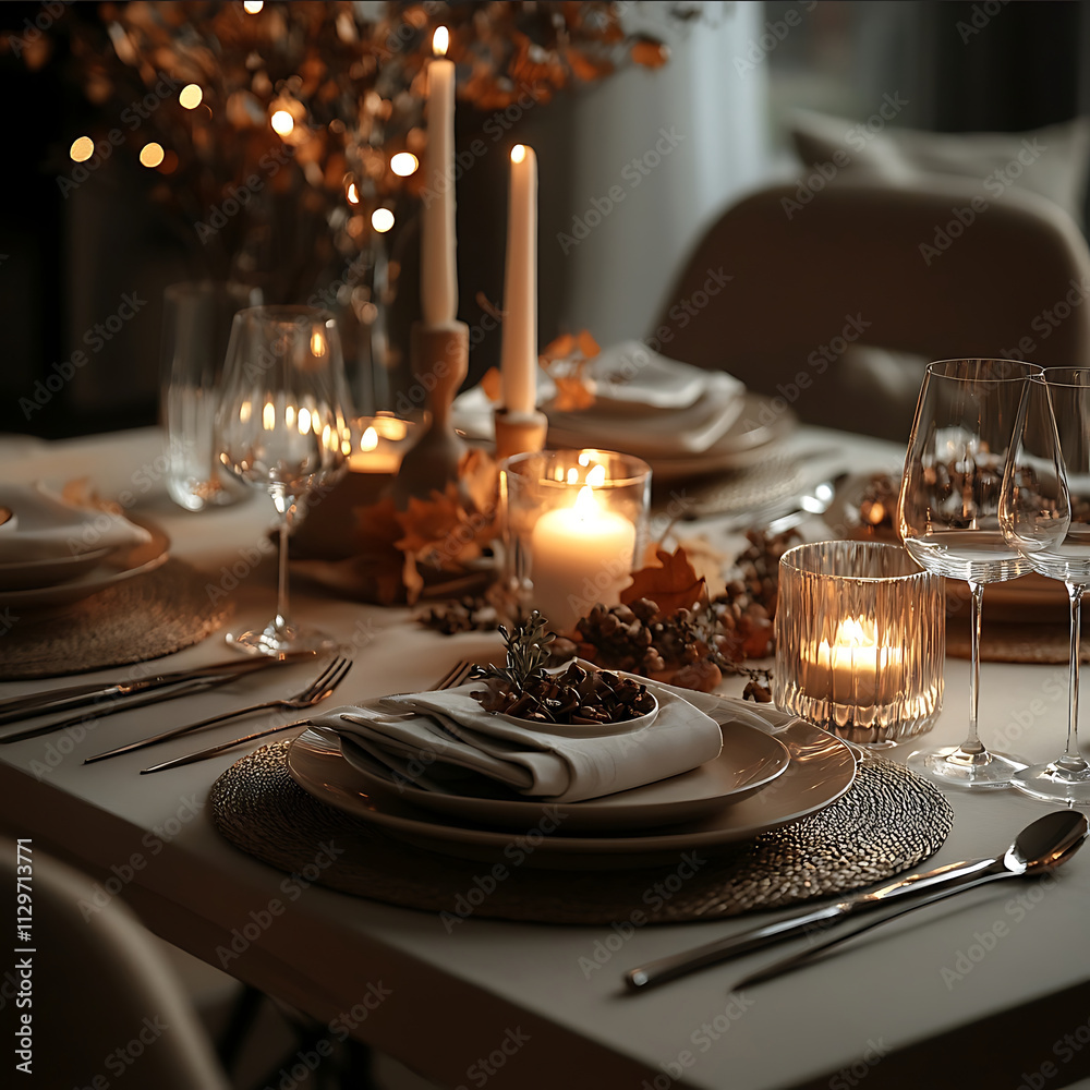 A cozy and elegant autumn home setting with warm lighting featuring a beautifully set table with exquisite silverware The scene should have a luxurious and invitin A cozy and elegant autumn home setting with warm lighting featuring a beautifully set table with exquisite silverware The scene should have a luxurious and invitin