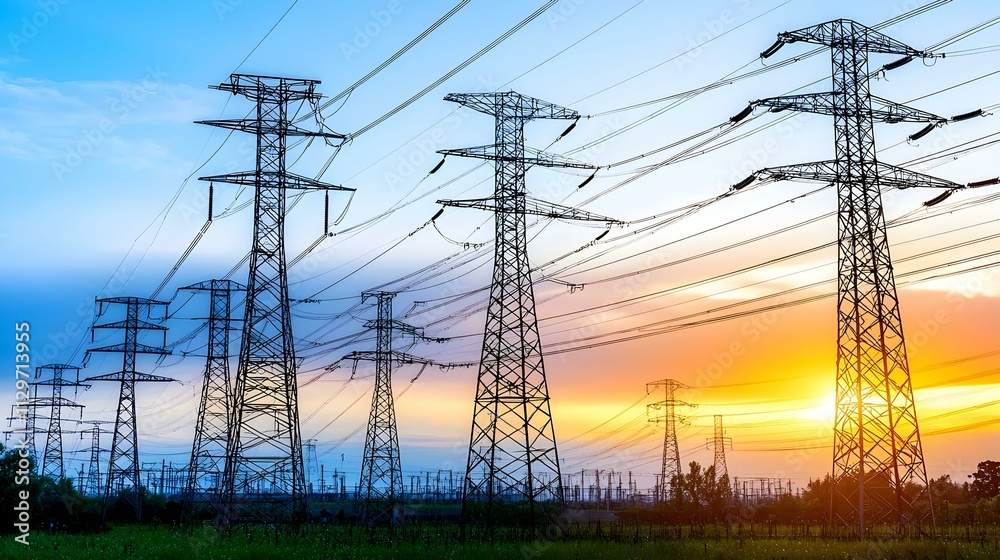Fototapeta premium Majestic high-voltage power lines at sunset. Silhouetted against a vibrant sky.