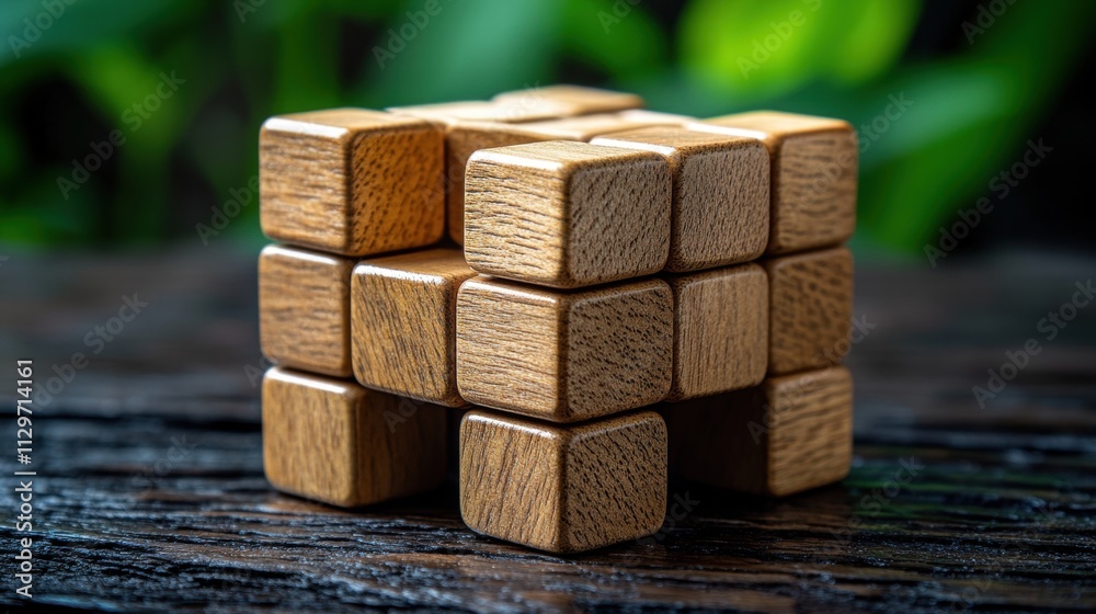 Wooden Cube Puzzle on Rustic Surface Wooden Cube Puzzle on Rustic Surface