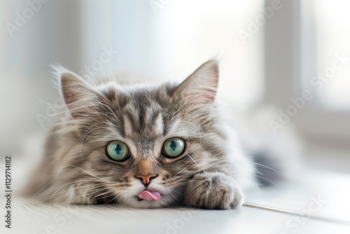 Cute kitten with green eyes on table Fluffy cat licking lips Space for text photo