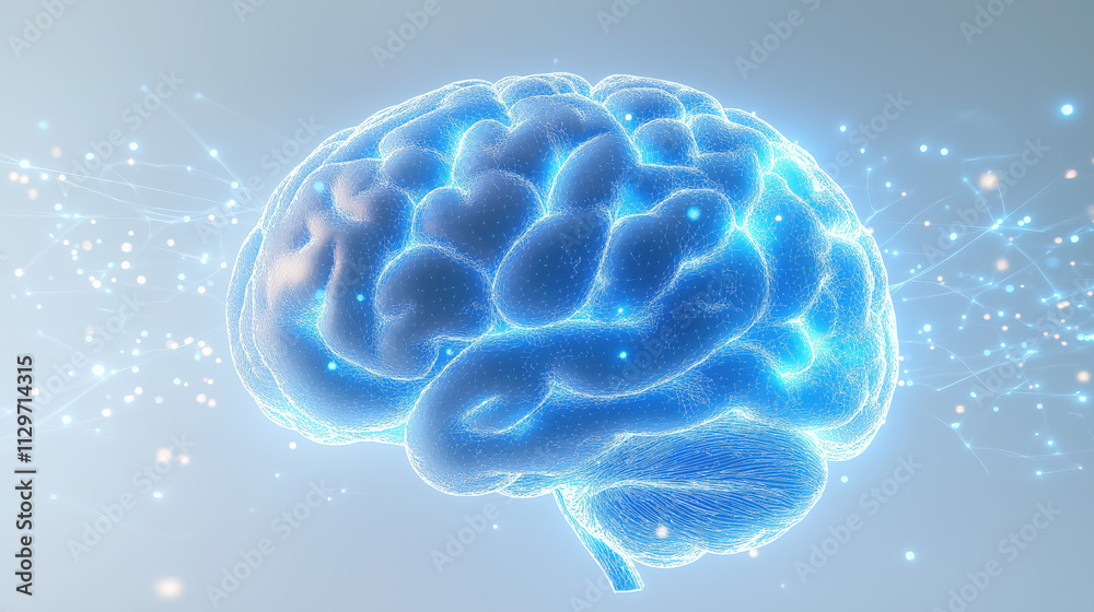 3D Model of White Brain Floating in Clear Space with Blue Glowing Effects 3D Model of White Brain Floating in Clear Space with Blue Glowing Effects