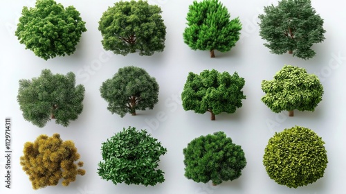 Top view illustration shows various tree, shrub designs. Diverse foliage options for outdoor spaces. Ideal for floor plans, landscape design. Detailed entourage design for architectural