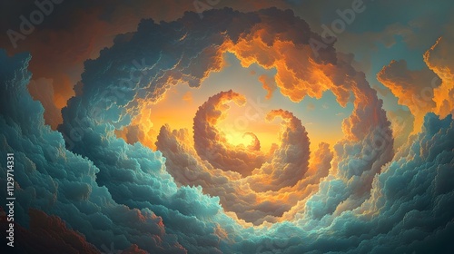 Surreal sunset cloudscape. Spiraling clouds form a vortex leading to the light. Ideal for fantasy, dream, or spiritual themes. photo