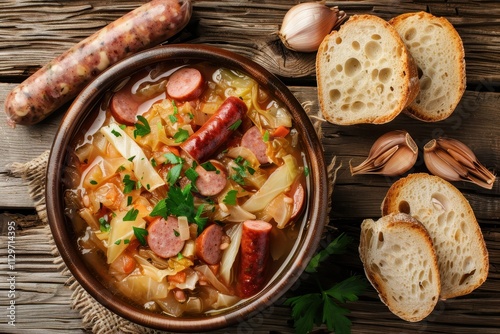 Czech dish Zelnacka cabbage soup with sausages and veggies in a bowl on rustic table photo