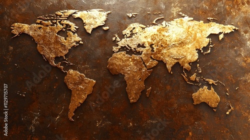 Golden world map on a rustic brown background. Artistic textured design. Perfect for travel, geography, or global themes. photo