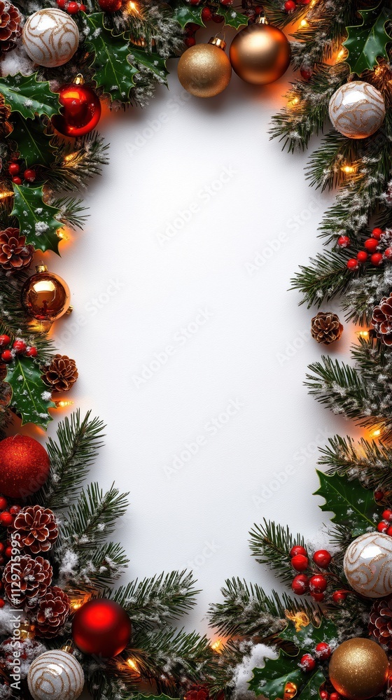 Christmas decorations frame with festive ornaments like red and gold balls pine cones holly leaves and fairy lights on a white background Flat lay style. Holiday themed design. Christmas decorations frame with festive ornaments like red and gold balls pine cones holly leaves and fairy lights on a white background Flat lay style. Holiday themed design.