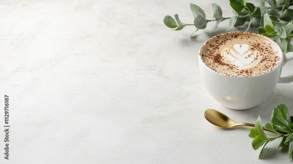 A cozy cup of coffee with latte art and greenery accents. A cozy cup of coffee with latte art and greenery accents.