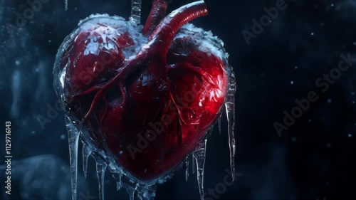 A human heart encased in ice and icicles, symbolizing emotional coldness and heartbreak.. AI Generation