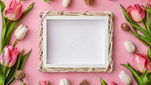 A blank white picture frame with wicker decorations centered encircled by roses and marigolds