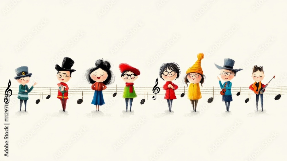 Cartoon musicians standing on musical staff with notes Cartoon musicians standing on musical staff with notes