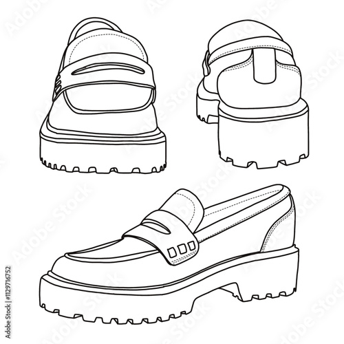 Women's Loafers Slip On Shoes Line art, Technical sketch hand drawing outline vector doodle various view isolated on white background for coloring page