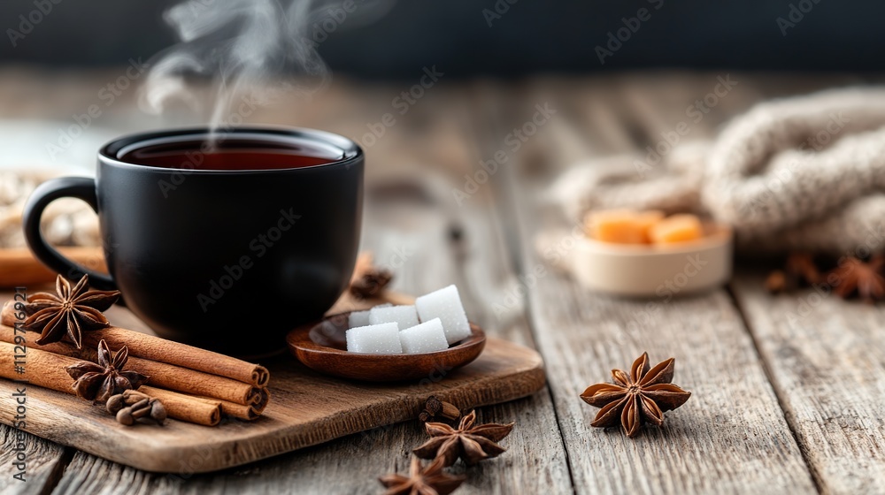 A cozy cup of tea with spices and sugar on a wooden table. A cozy cup of tea with spices and sugar on a wooden table.