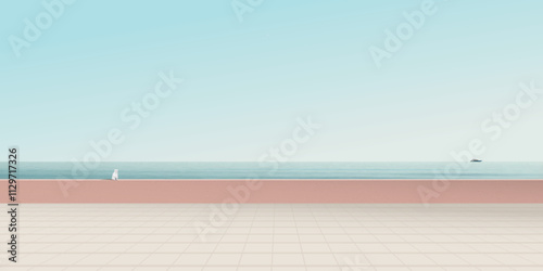 Minimalist seaside landscape with blue sky background have a cat sitting on cement barrier graphic illustration.