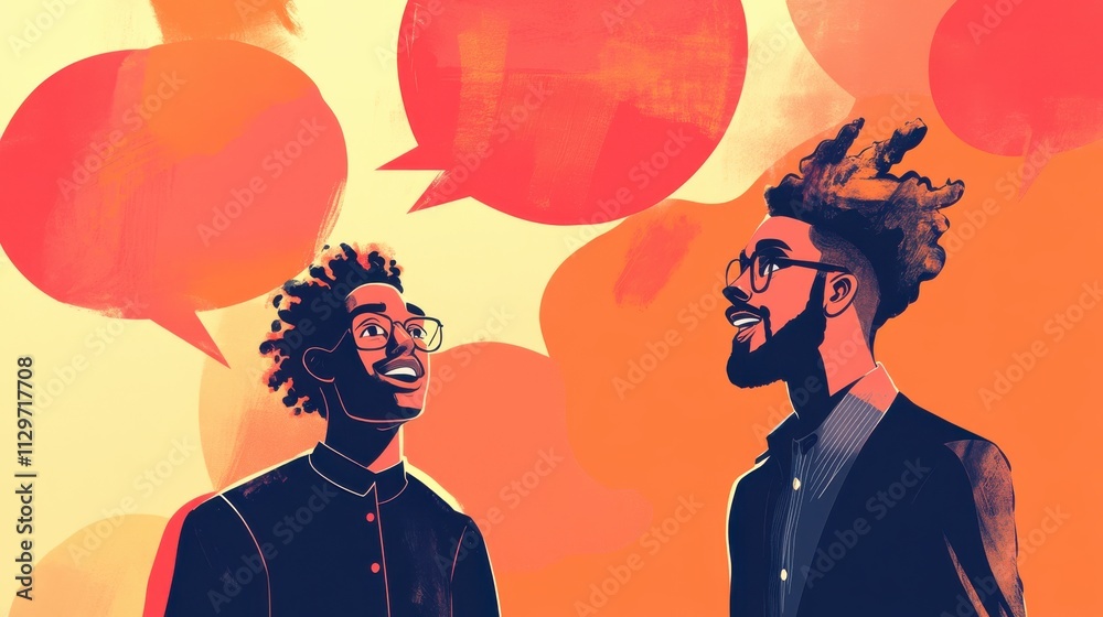 A dynamic cartoon-style image of two friends exchanging ideas, one expressing excitement while the other listens with a thoughtful expression, speech bubbles in bold orange and red tones