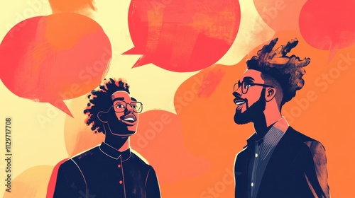 Obraz na płótnie A dynamic cartoon-style image of two friends exchanging ideas, one expressing excitement while the other listens with a thoughtful expression, speech bubbles in bold orange and red tones w salonie