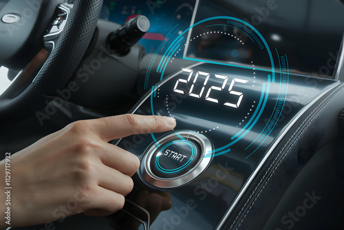 High tech car start button illuminated with 2025 in futuristic design