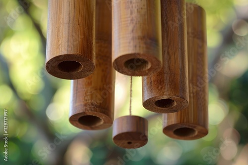 Detailed view of wooden wind chime base photo