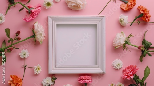 A blank white picture frame with wooden floral patterns centered encircled by lilies and daisies