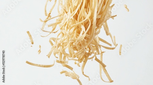 Freshly Cut Thin Egg Noodles Falling Gracefully Against a Light Background, Perfect for Culinary and Food Photography, Showcasing Italian Cuisine and Cooking Techniques