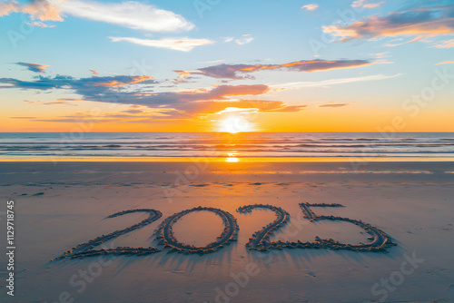 Golden sunset, 2025 inscribed in sand, reflective moment for the coming year