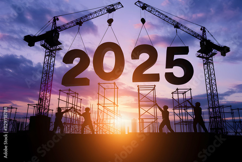 Sunset, cranes lift 2025, workers collaborate, warm hues highlight development