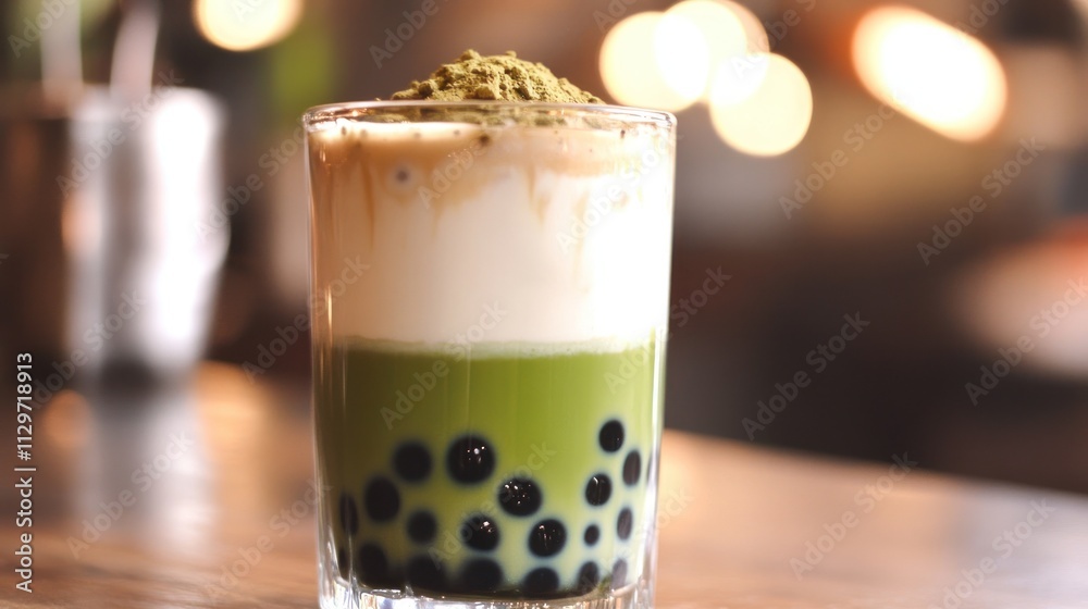 Iced matcha latte boba with layered green and white milk, 