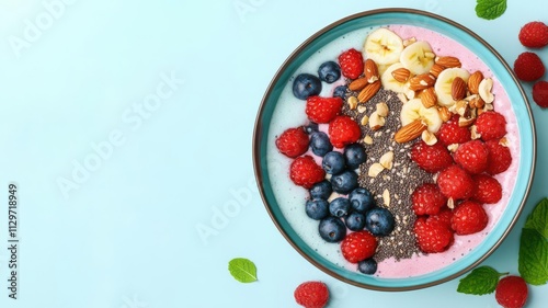 A colorful smoothie bowl made with prebiotic ingredients, topped with fresh fruits, nuts, and seeds, set against a clean, bright background