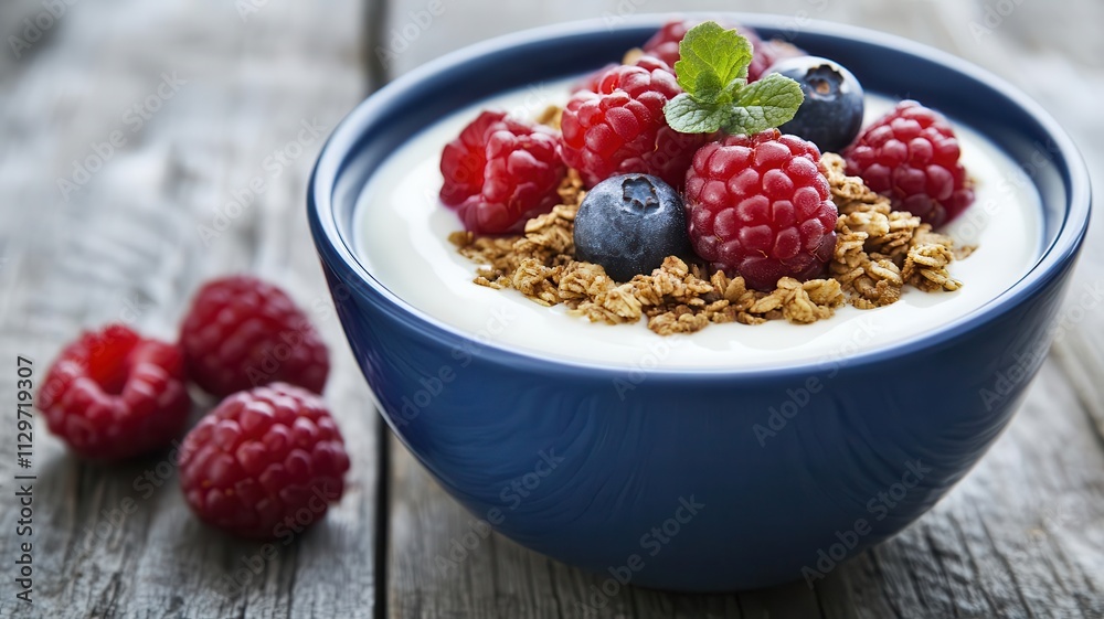 A bowl of yogurt topped with granola and fresh berries, labeled as a rich source of prebiotics A bowl of yogurt topped with granola and fresh berries, labeled as a rich source of prebiotics