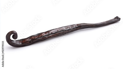 Curved Dark Brown Vanilla Bean Pod Isolated on White Background for Culinary and Baking Applications, Natural Flavor Ingredient for Sweet Dishes and Beverages