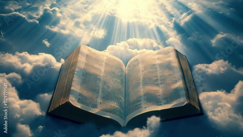 An open Bible rests amidst fluffy clouds, bathed in heavenly light. Represents faith, spirituality, and divine inspiration. Ideal for religious or inspirational projects.. AI Generation