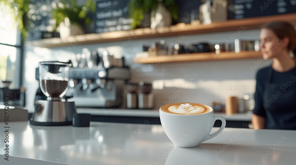 A latte with heart art sits on a counter in a cozy caf?.