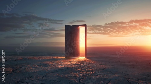 a high-definition image of a modern steel door in a barren desert slightly ajar with a warm